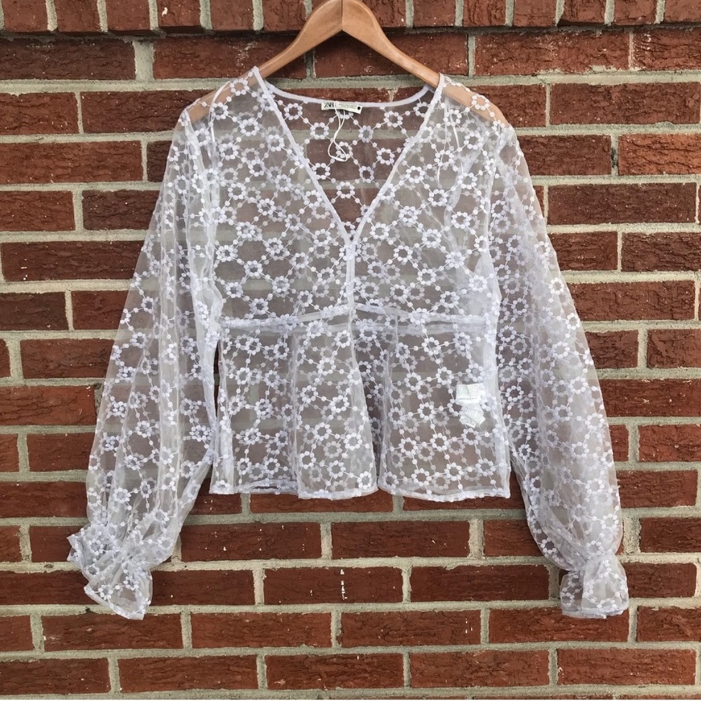 Zara Lilac Sheer Floral Billow Long Sleeve Top